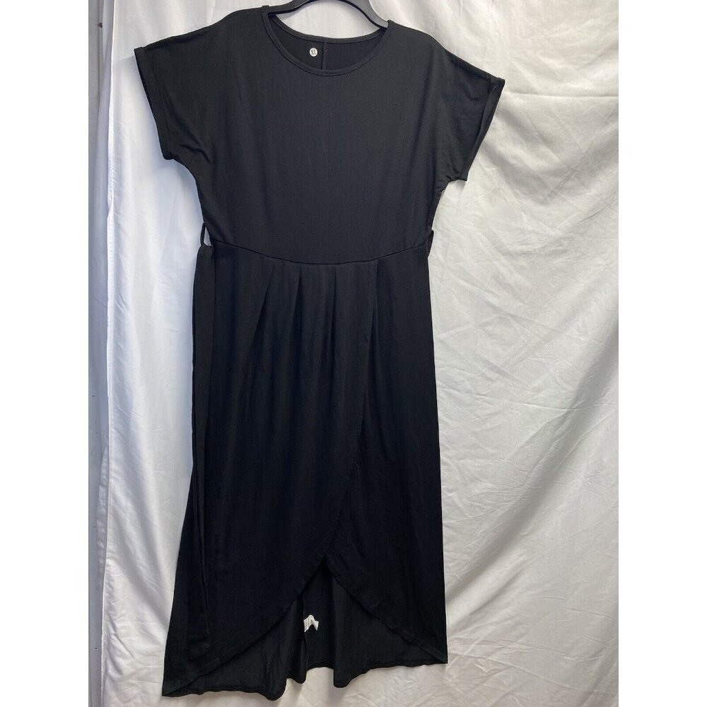 Cuffed Short Sleeve Wrap Skirt Belted Waist Maxi Dress Women XL Black Round Neck